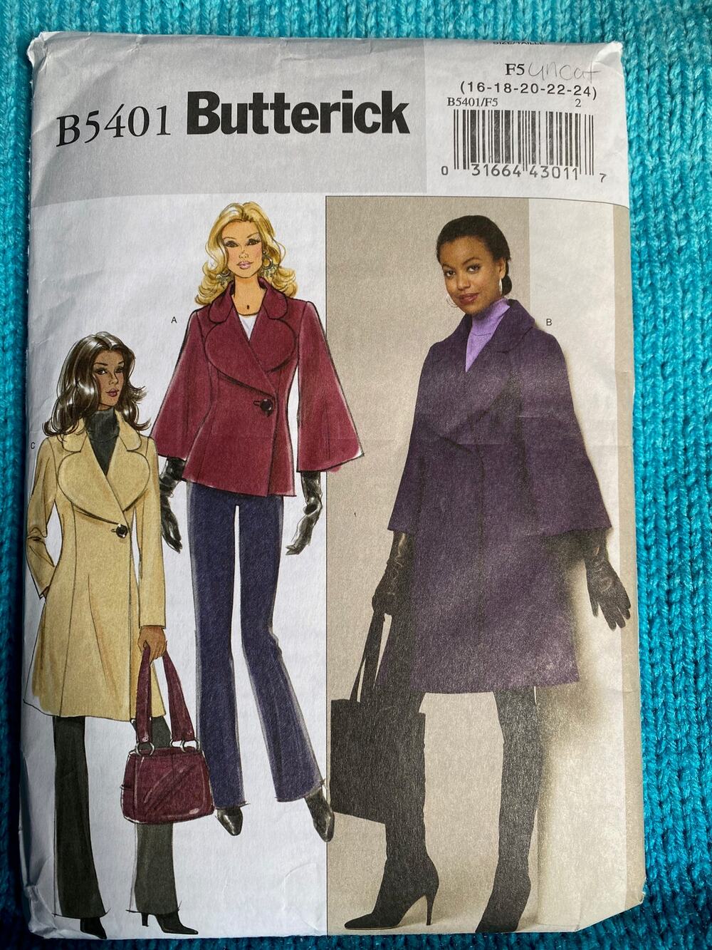 Butterick Sewing pattern 5401 womens Coat trench jacket sz 16-24